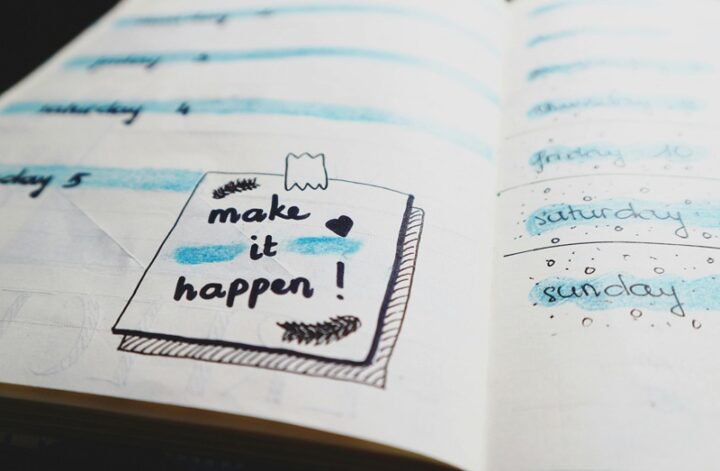 A person planning funding goals with charts, graphs, and notes.