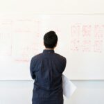 Startup founder analyzing business plan strategy on whiteboard