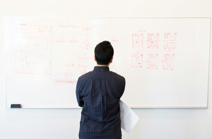 Startup founder analyzing business plan strategy on whiteboard